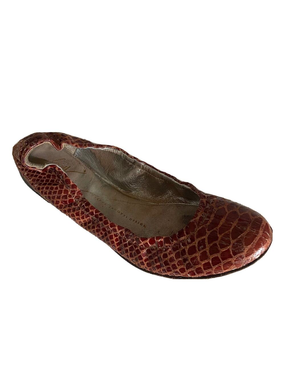 Giuseppe Zanotti Ballet Flat Ballerina Python Snake Skin Patent Leather Brown 39